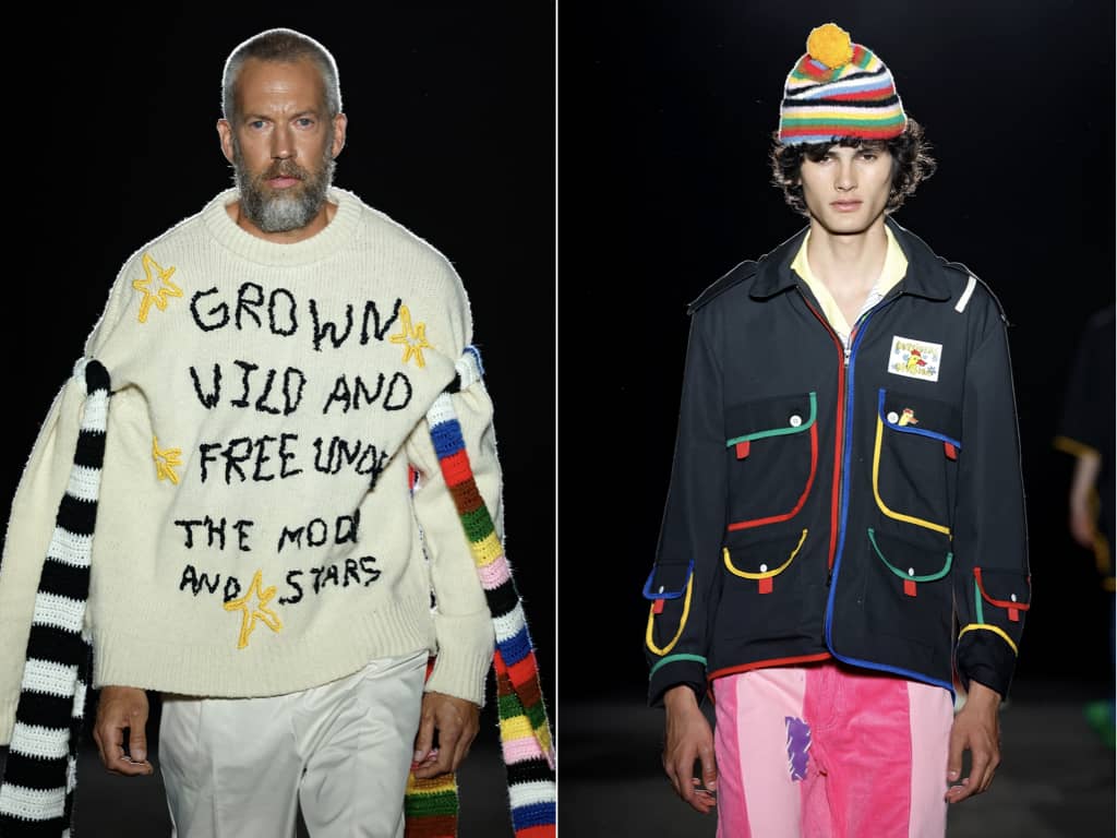 2 modelos masculinos con prendas muy coloridas desfilando en la 080 Barcelona fashion week.