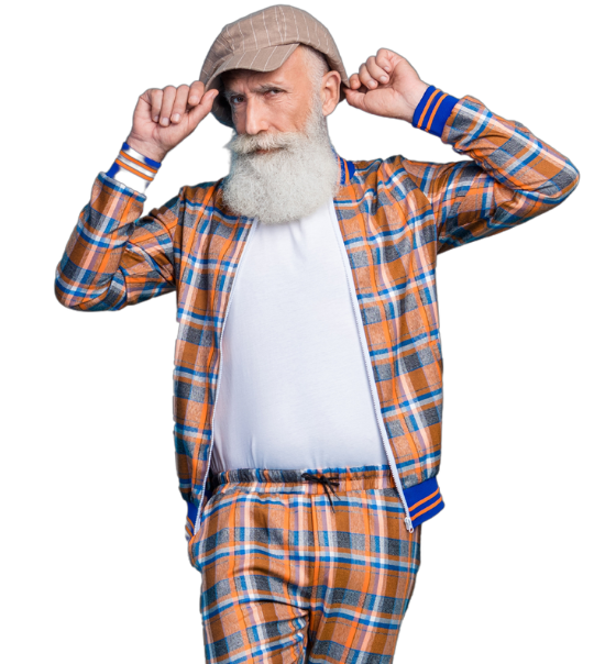 A cool senior with white beard and plaid tracksuit