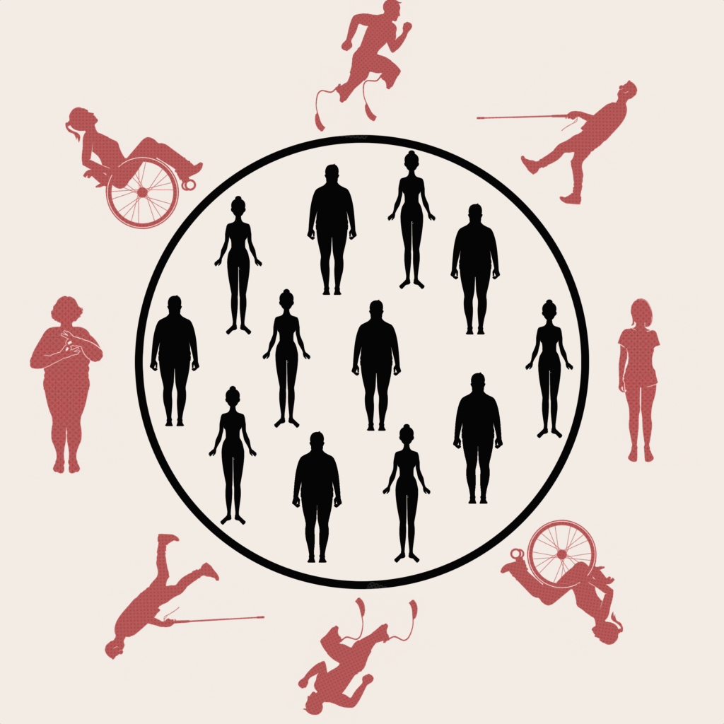 Exclusion icon. A circle with people without disabilities and outside are people with disabilities.