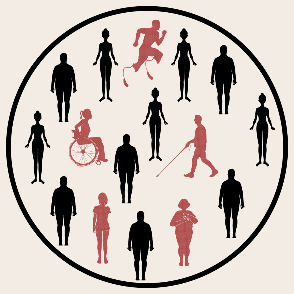 Icono de la inclusión. Un círculo con personas con y sin discapacidad.